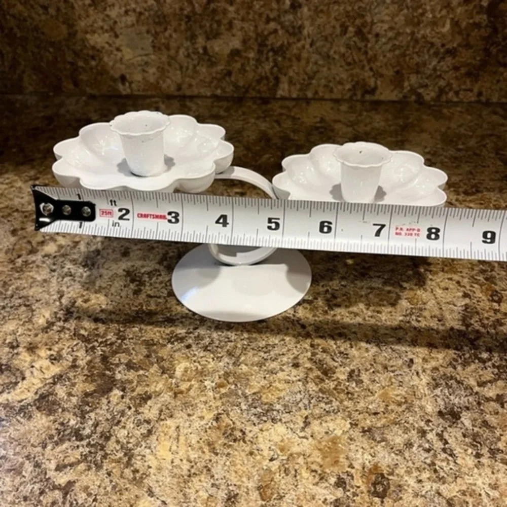 Vintage White Metal Double Candlestick Holder Tiered Flower Shaped